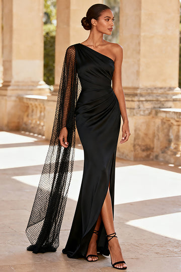 One Shoulder Black Sheath Evening Dress with Cape